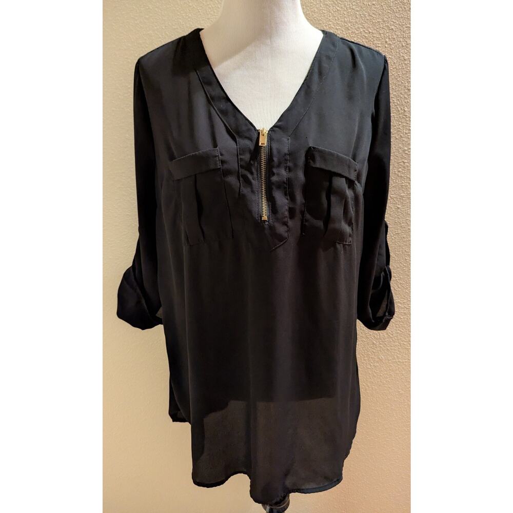 Rue 21 Black Sheer Blouse Gold Zip Front Roll Tab Sleeve Top Size Large